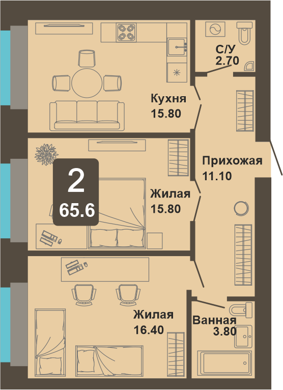2-комнатная квартира, 65,6 кв.м.