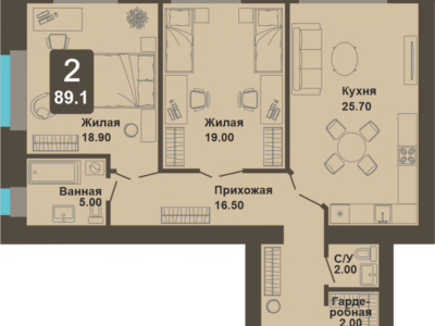 2-комнатная квартира, 89,1 кв.м.