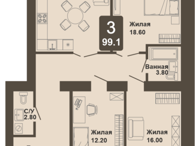 3-комнатная квартира, 99,1 кв.м.