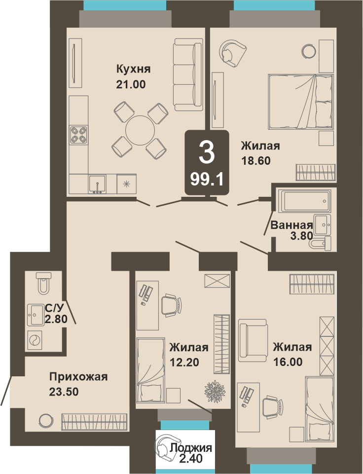 3-комнатная квартира, 99,1 кв.м.