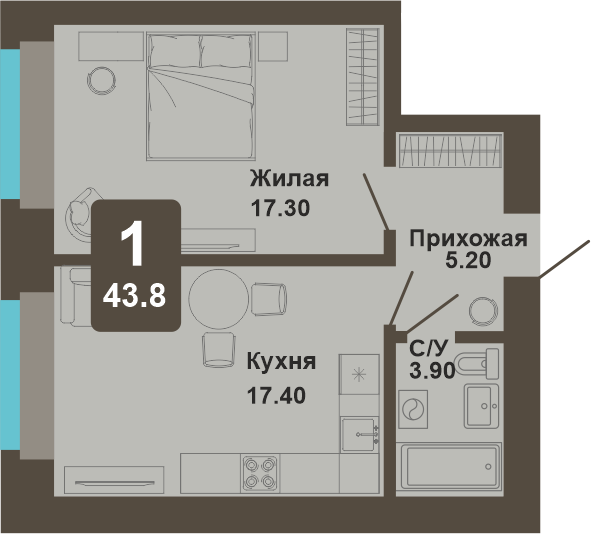 1-комнатная квартира, 43,8 кв.м.
