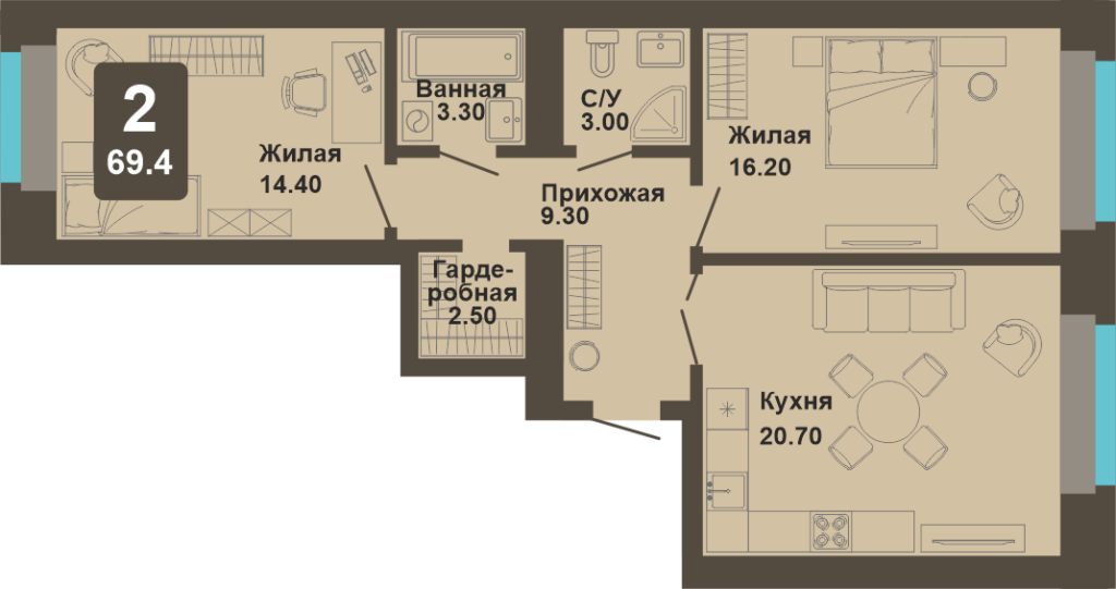 2-комнатная квартира, 69,4 кв.м.