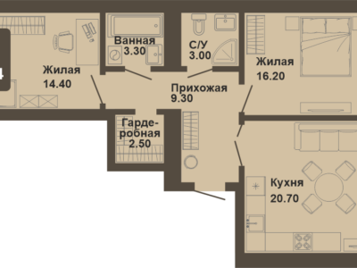 2-комнатная квартира, 69,4 кв.м.