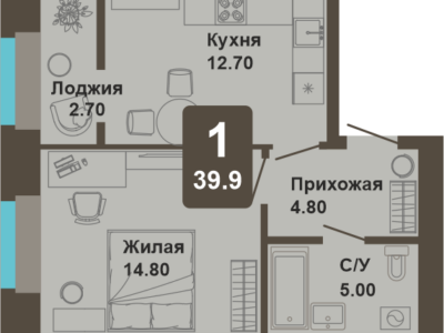 1-комнатная квартира, 39,9 кв.м.