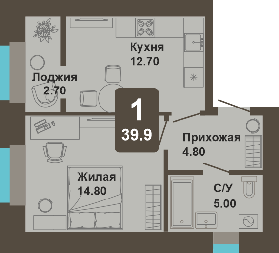 1-комнатная, 39.9 м²