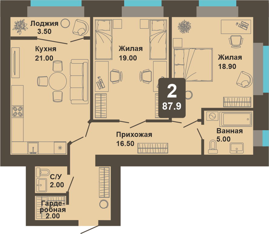 2-комнатная квартира, 87,9 кв.м.