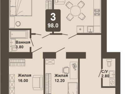 3-комнатная квартира, 98,0 кв.м.