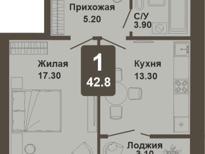 1-комнатная квартира, 42,8 кв.м.