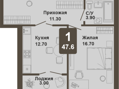 1-комнатная квартира, 47,6 кв.м.