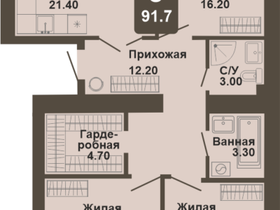 3-комнатная квартира, 91,7 кв.м.