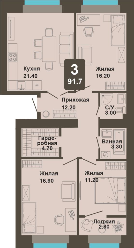 3-комнатная квартира, 91,7 кв.м.