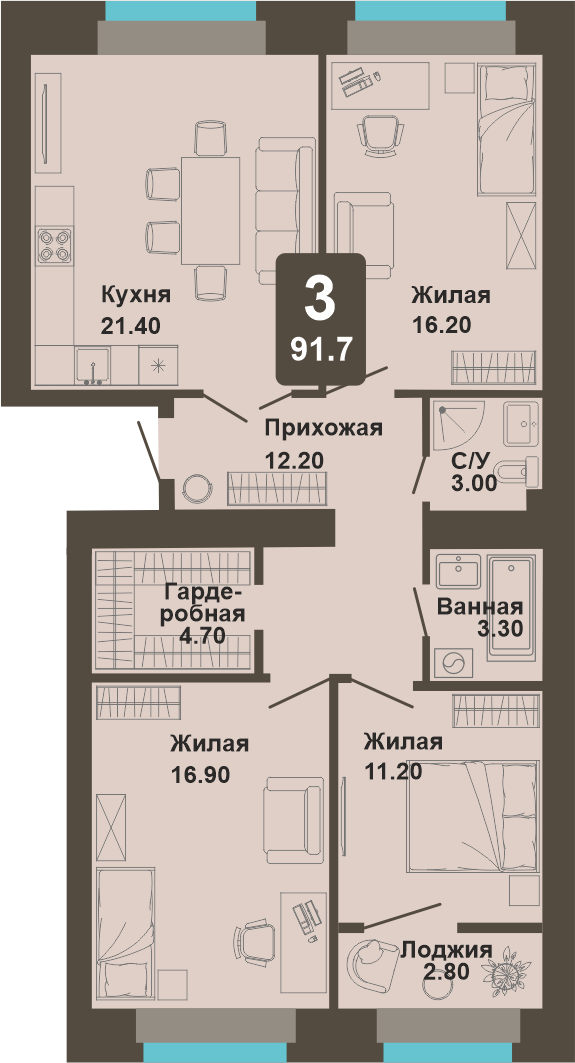 3-комнатная квартира, 91,7 кв.м.
