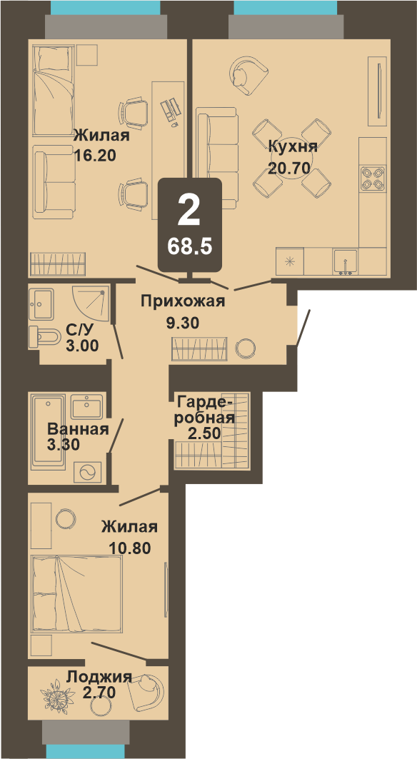 2-комнатная квартира, 68,5 кв.м.