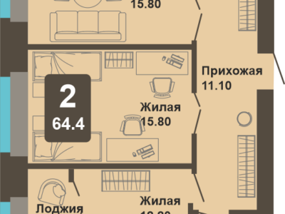 2-комнатная квартира, 64,4 кв.м.