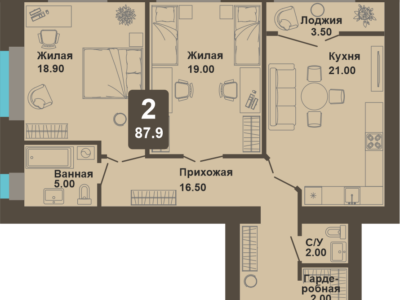 2-комнатная квартира, 87,9 кв.м.
