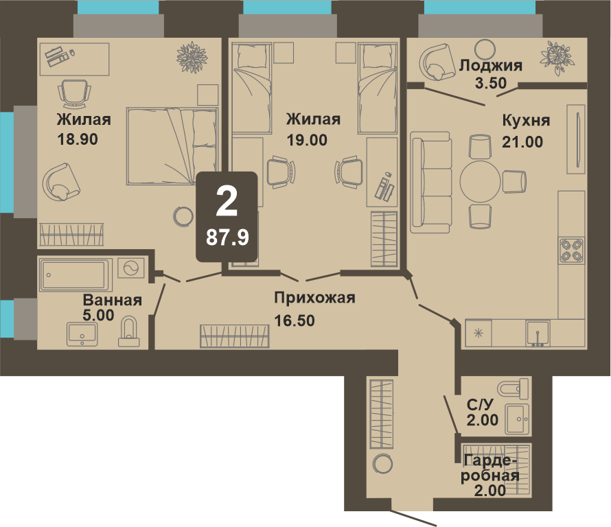 2-комнатная квартира, 87,9 кв.м.