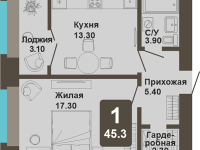 1-комнатная квартира, 45,3 кв.м.