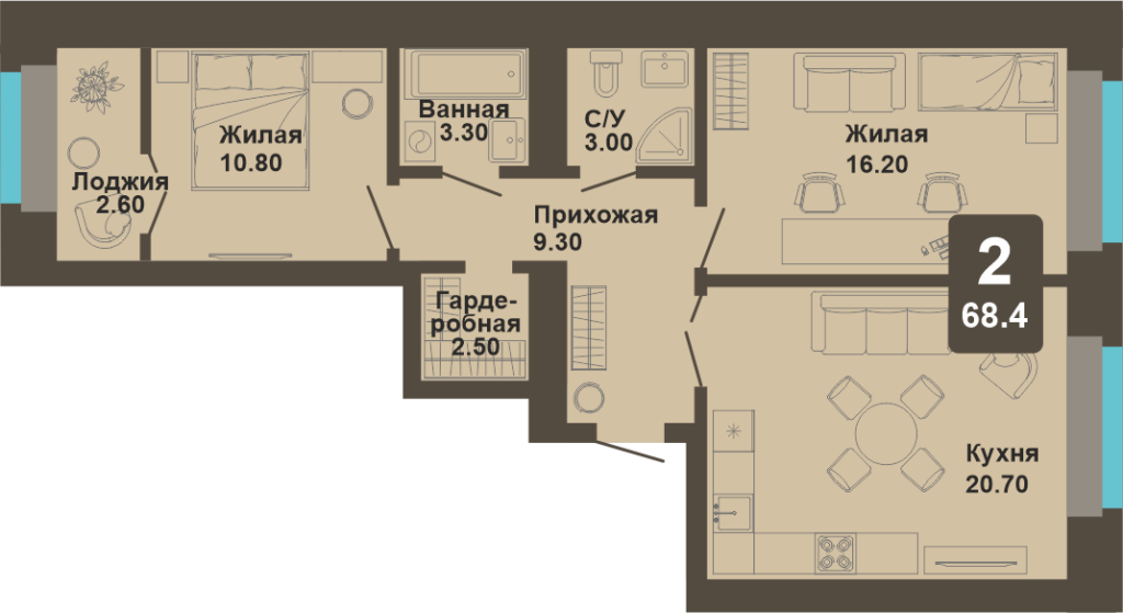 2-комнатная квартира, 68,4 кв.м.