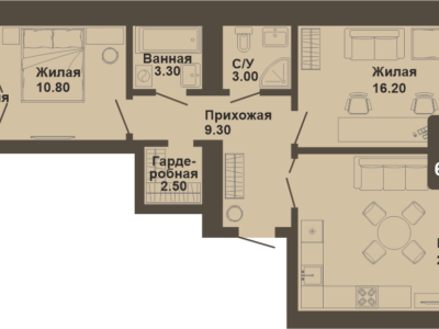 2-комнатная квартира, 68,4 кв.м.